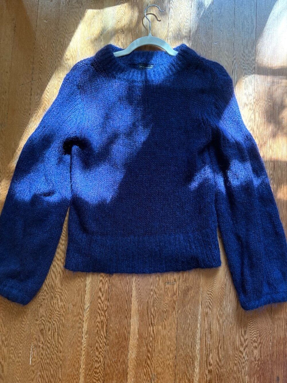 Club Monaco oversize fit mohair blend navy bell / puff sleeve sweater